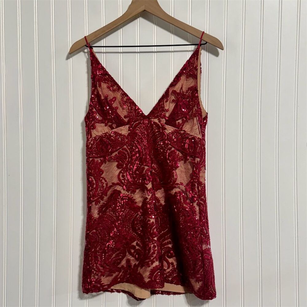 Free People Red Sequin Mini Slip Dress Size 4 Baroque Nude Lining Party Cocktail